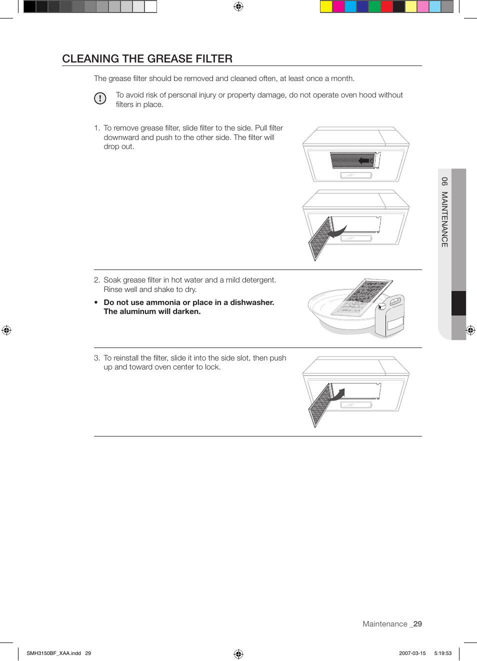 Cleaning the grease filter | Samsung SMH3150WG-XAA User Manual | Page 29 / 32