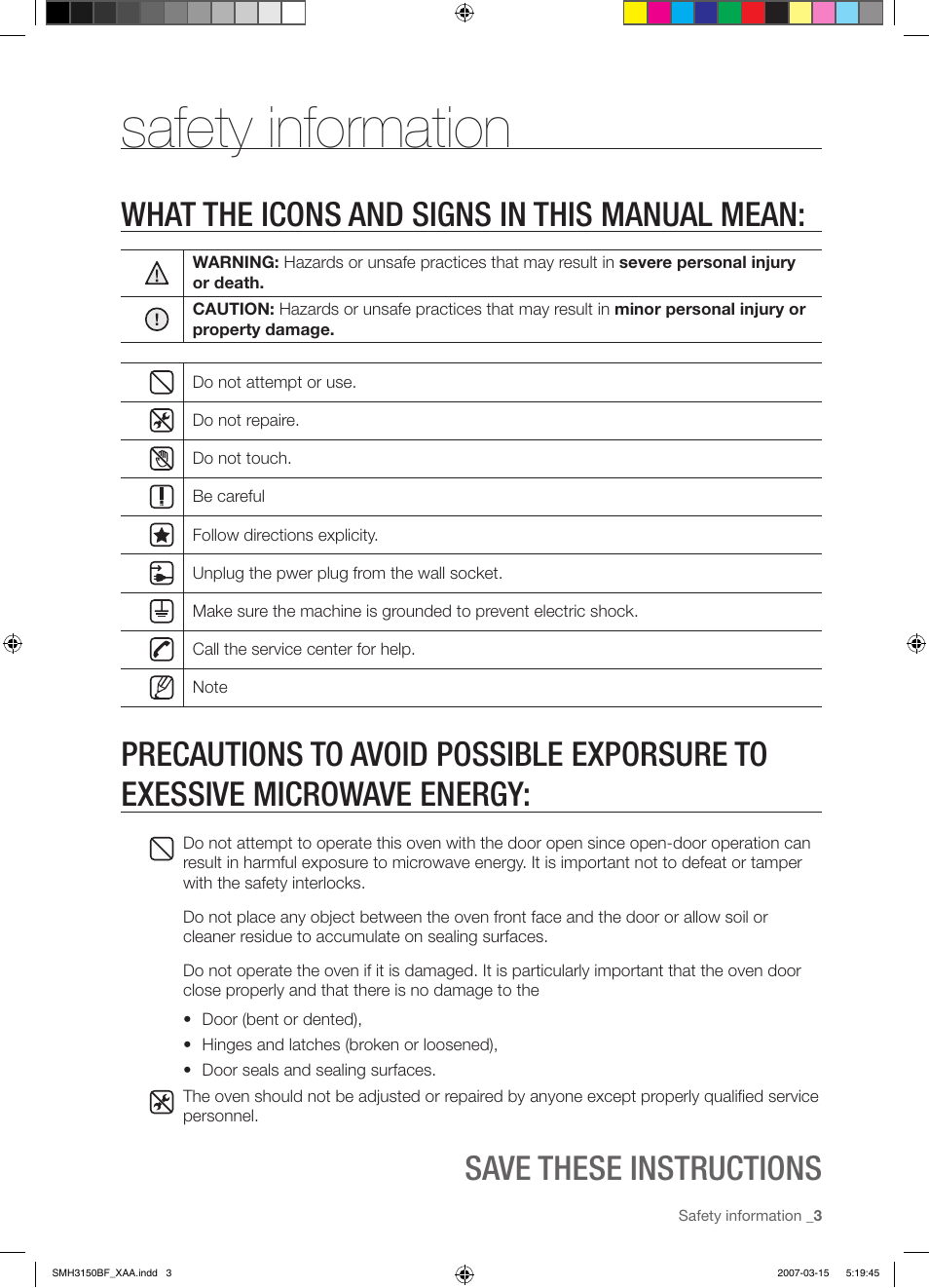 Safety information, Save these instructions, What the icons and signs in this manual mean | Samsung SMH3150WG-XAA User Manual | Page 3 / 32