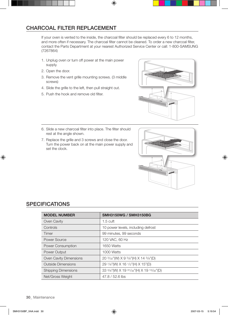 Charcoal filter replacement, Specifications | Samsung SMH3150WG-XAA User Manual | Page 30 / 32