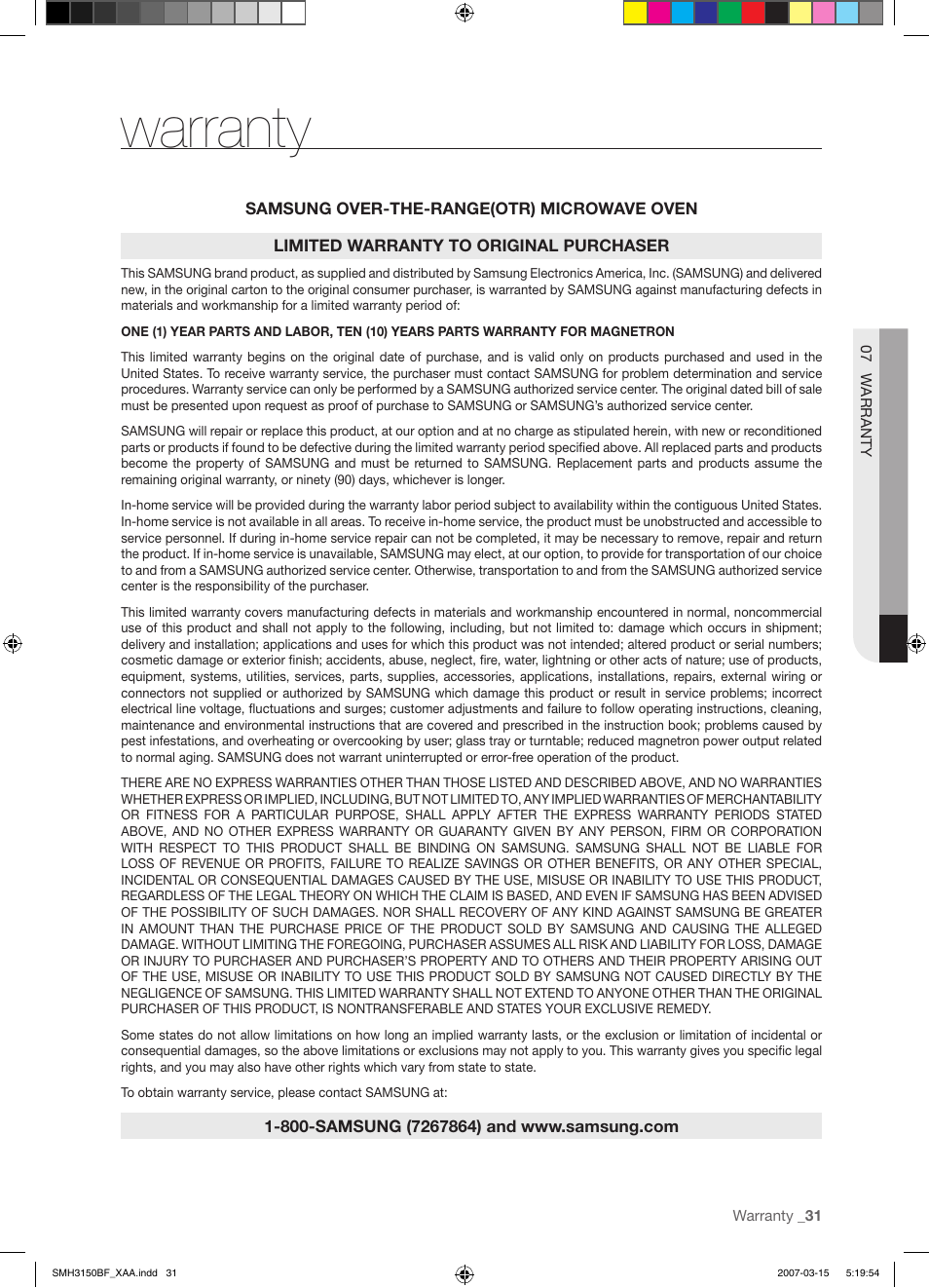 Warranty | Samsung SMH3150WG-XAA User Manual | Page 31 / 32
