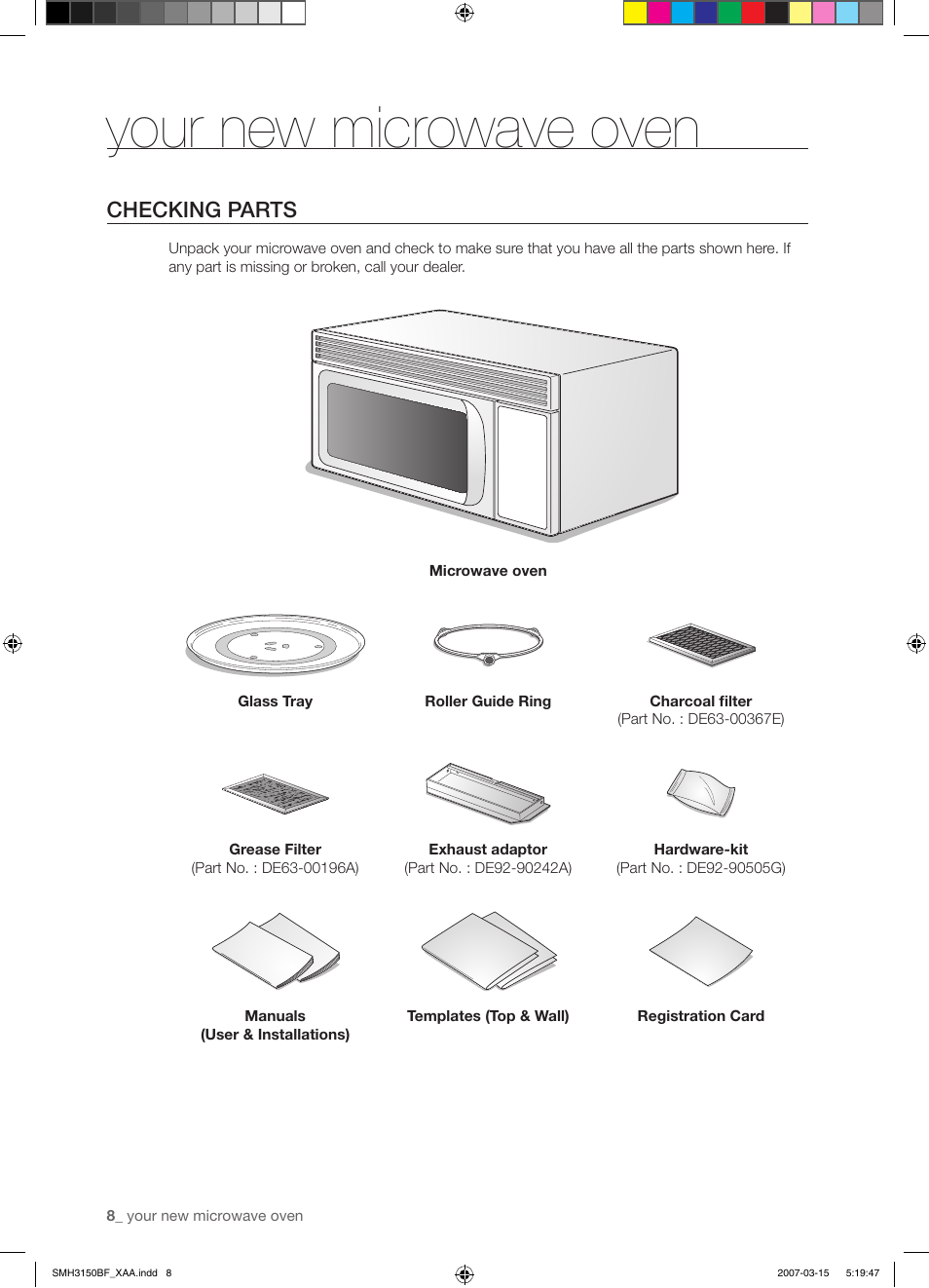 Your new microwave oven, Checking parts | Samsung SMH3150WG-XAA User Manual | Page 8 / 32