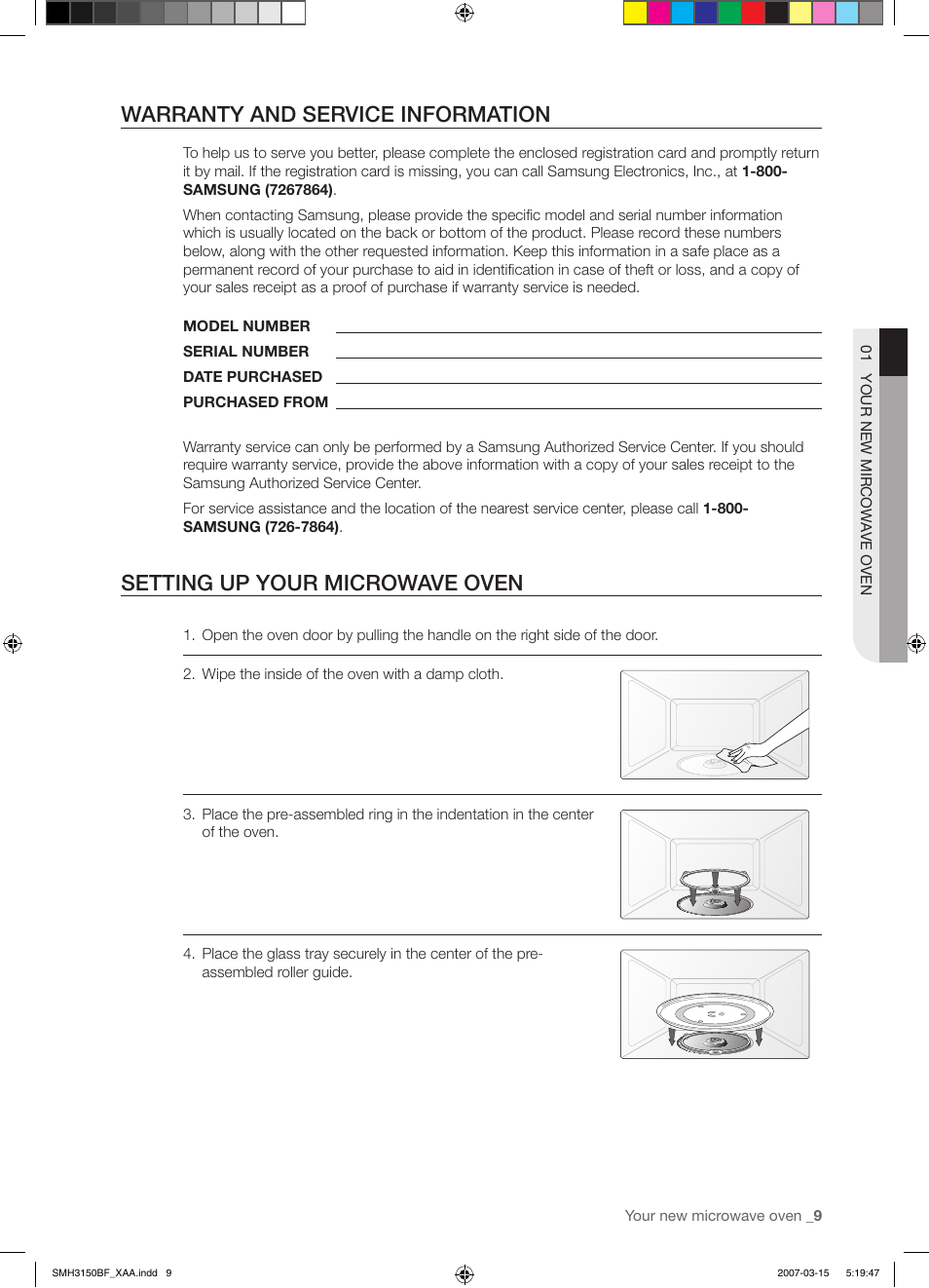 Warranty and service information, Setting up your microwave oven | Samsung SMH3150WG-XAA User Manual | Page 9 / 32