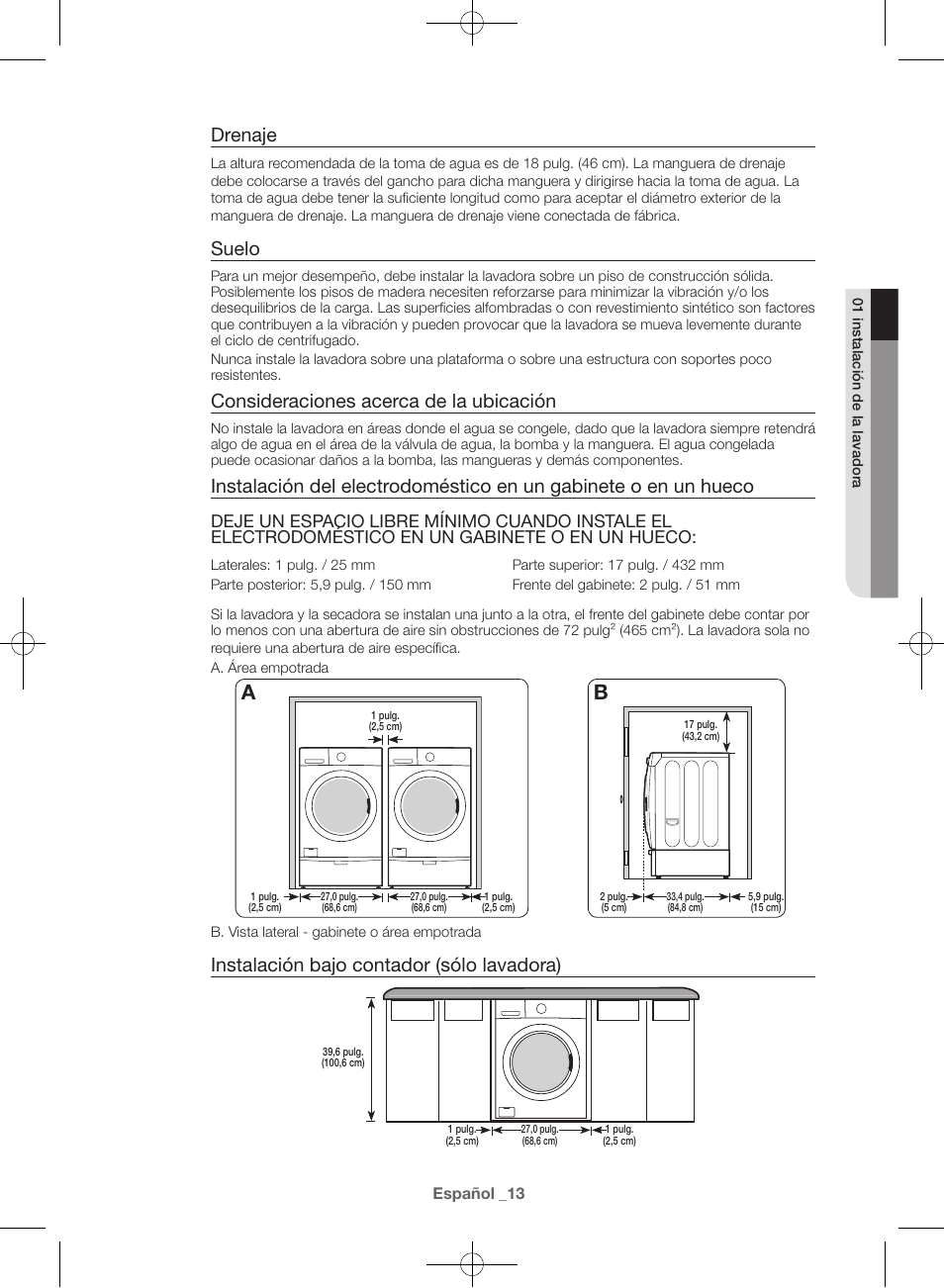 Drenaje, Suelo, Consideraciones acerca de la ubicación | Instalación bajo contador (sólo lavadora) | Samsung WF42H5600AW-A2 User Manual | Page 101 / 132