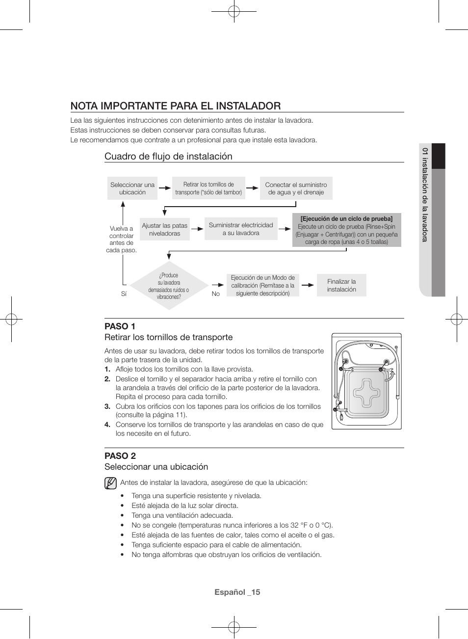 Nota importante para el instalador, Cuadro de flujo de instalación | Samsung WF42H5600AW-A2 User Manual | Page 103 / 132