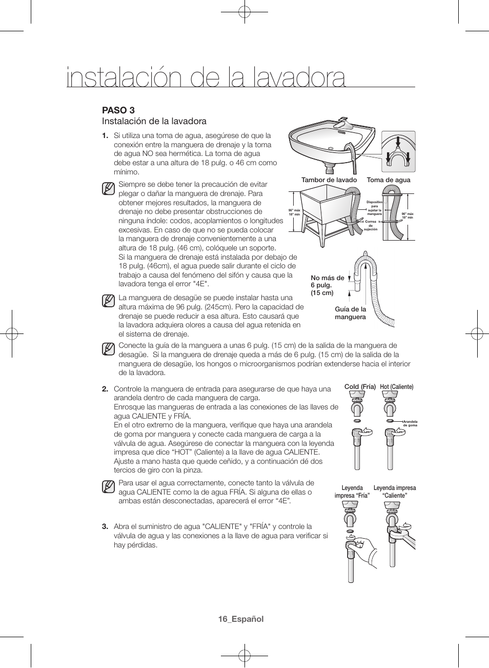 Instalación de la lavadora, Paso 3 instalación de la lavadora | Samsung WF42H5600AW-A2 User Manual | Page 104 / 132