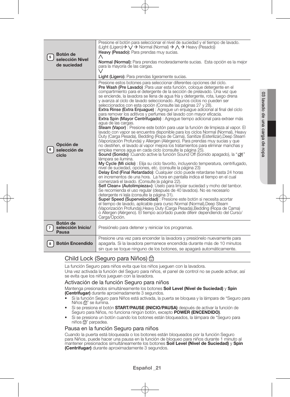 Child lock (seguro para niños) | Samsung WF42H5600AW-A2 User Manual | Page 109 / 132