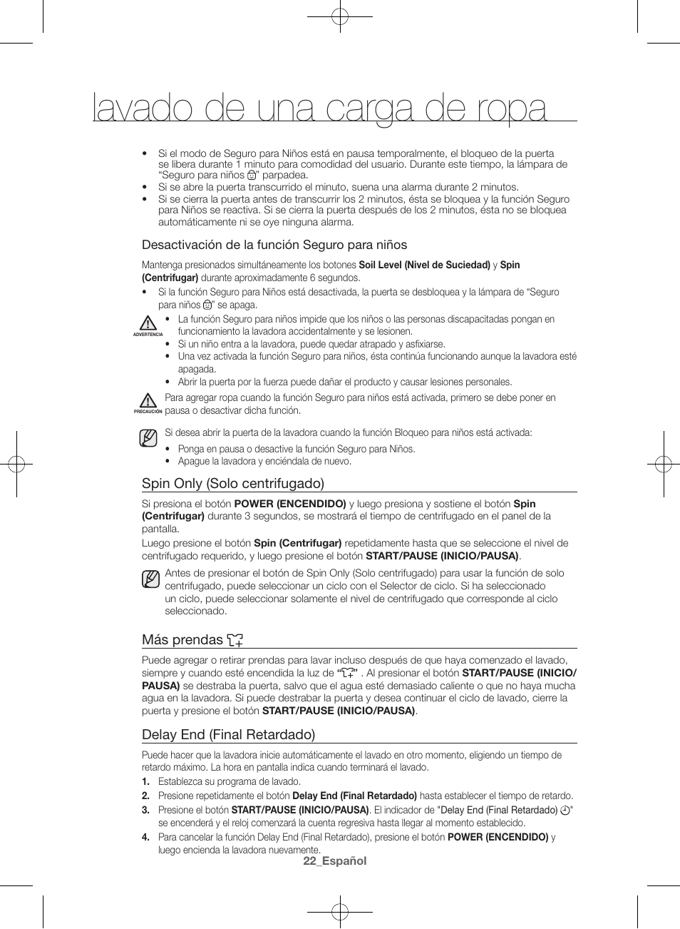 Lavado de una carga de ropa, Spin only (solo centrifugado), Más prendas | Delay end (final retardado) | Samsung WF42H5600AW-A2 User Manual | Page 110 / 132