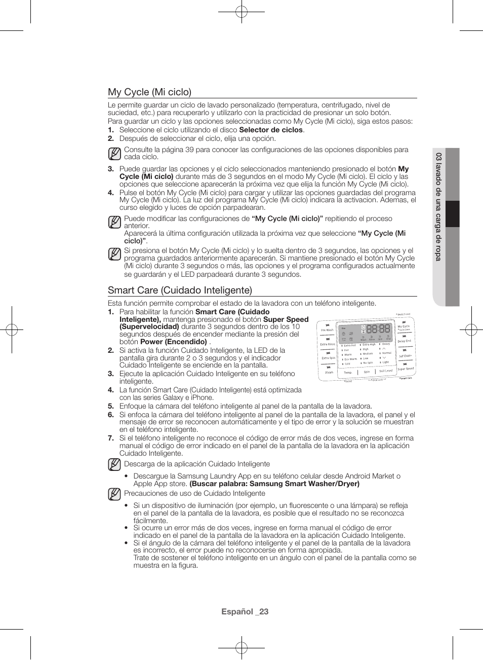 My cycle (mi ciclo), Smart care (cuidado inteligente) | Samsung WF42H5600AW-A2 User Manual | Page 111 / 132