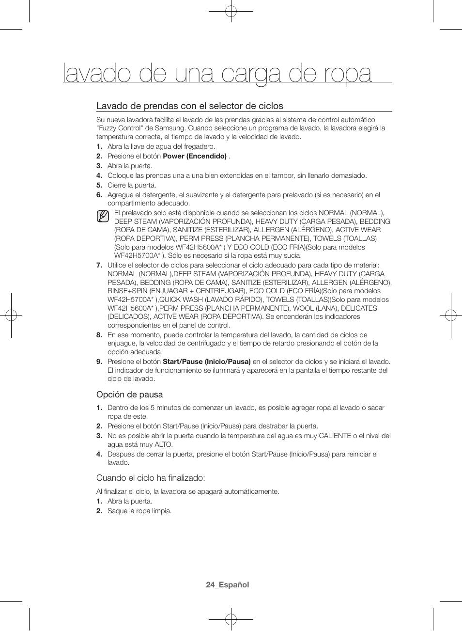 Lavado de una carga de ropa, Lavado de prendas con el selector de ciclos | Samsung WF42H5600AW-A2 User Manual | Page 112 / 132