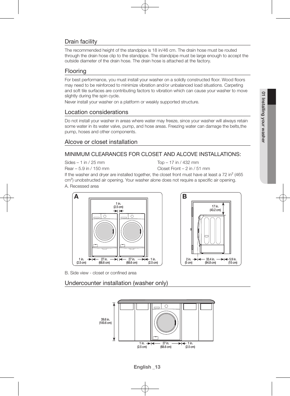 Drain facility, Flooring, Location considerations | Alcove or closet installation, Undercounter installation (washer only) | Samsung WF42H5600AW-A2 User Manual | Page 13 / 132