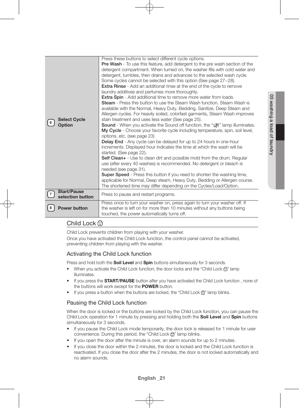 Child lock | Samsung WF42H5600AW-A2 User Manual | Page 21 / 132