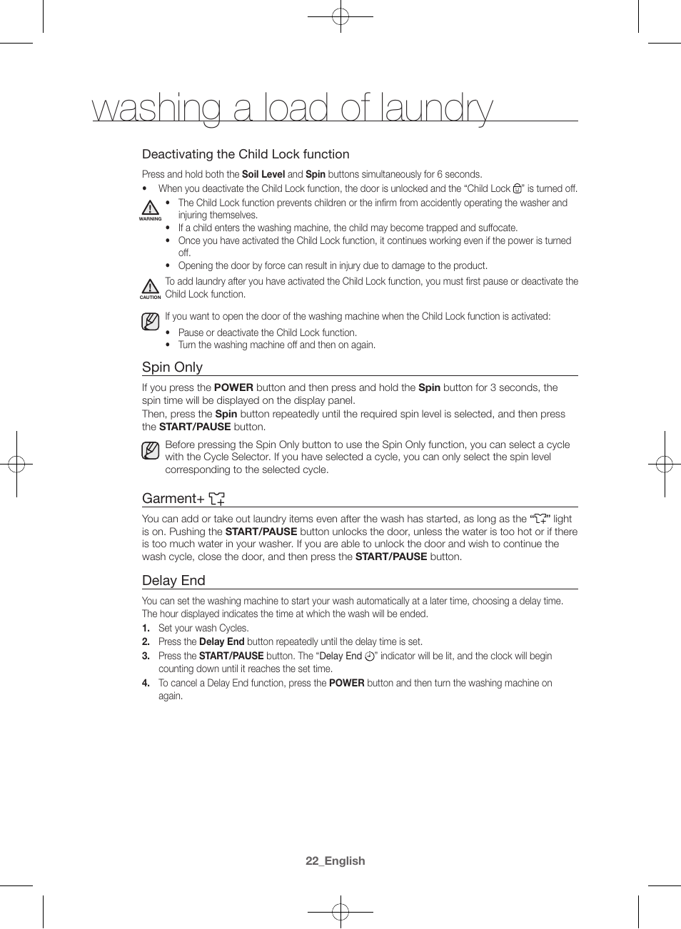 Washing a load of laundry, Spin only, Garment | Delay end | Samsung WF42H5600AW-A2 User Manual | Page 22 / 132