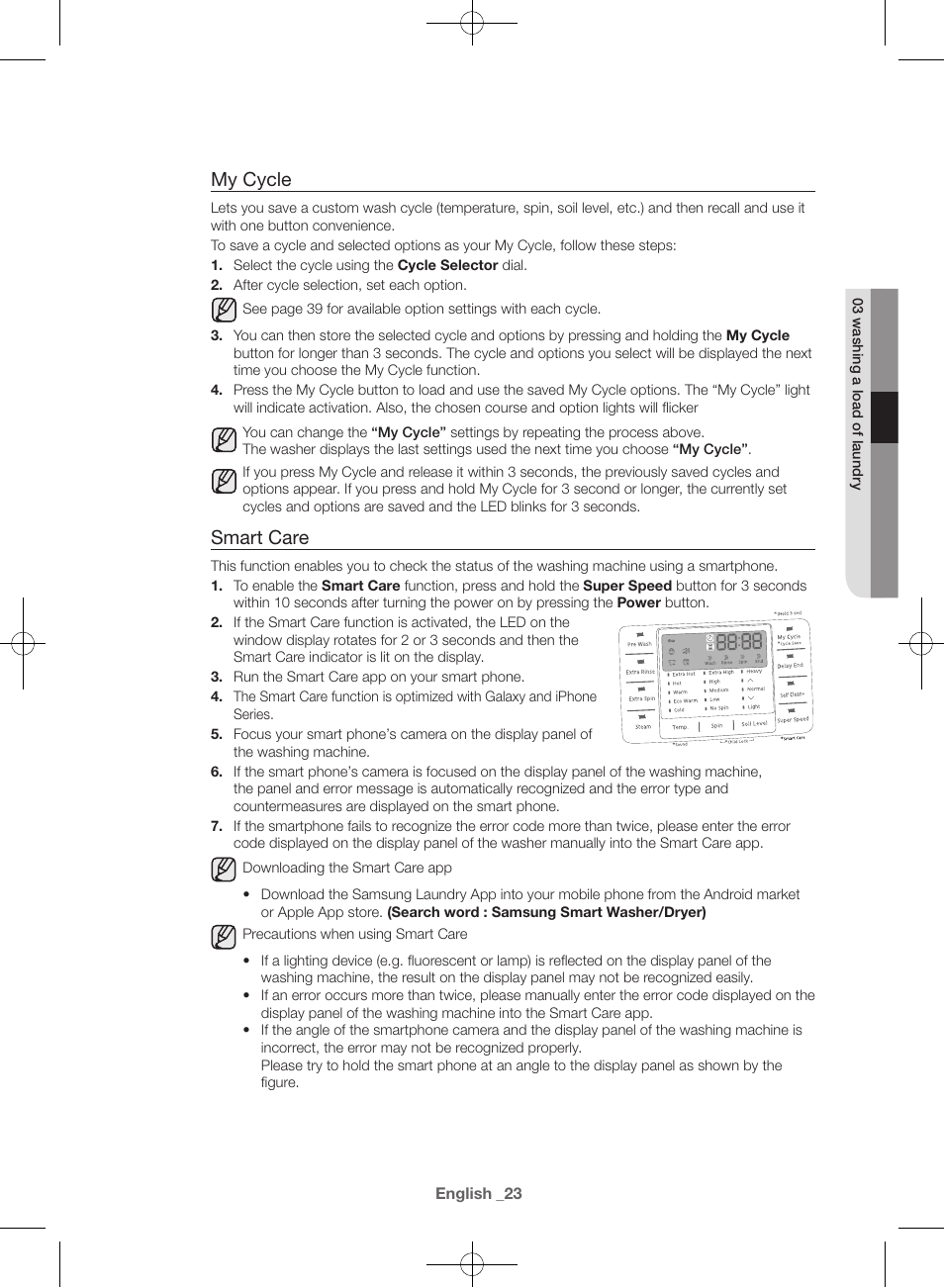 My cycle, Smart care | Samsung WF42H5600AW-A2 User Manual | Page 23 / 132