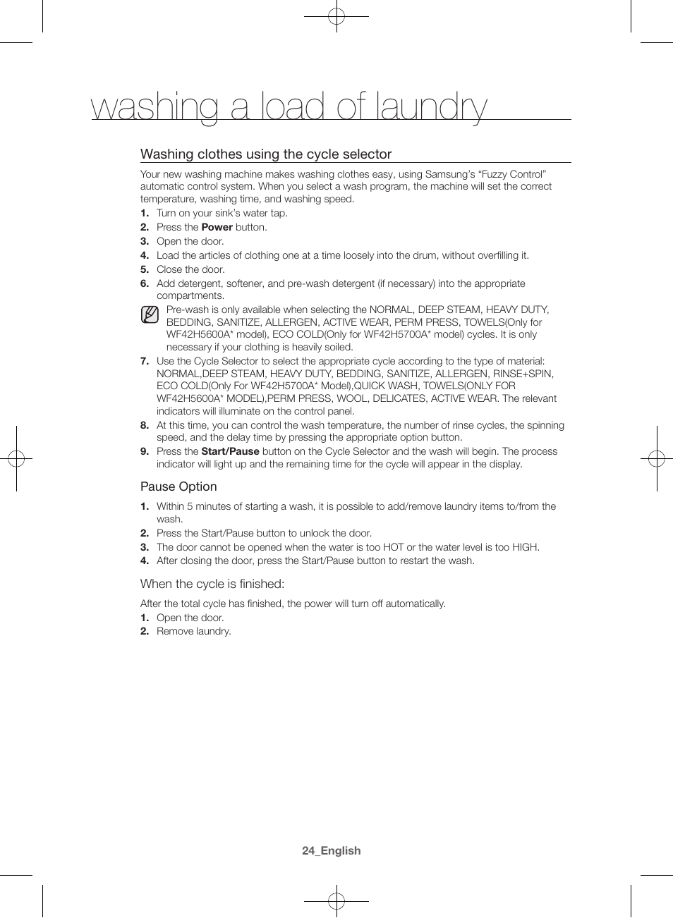 Washing a load of laundry | Samsung WF42H5600AW-A2 User Manual | Page 24 / 132