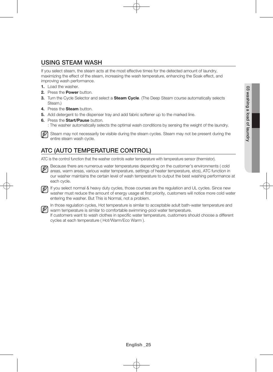 Using steam wash, Atc (auto temperature control) | Samsung WF42H5600AW-A2 User Manual | Page 25 / 132