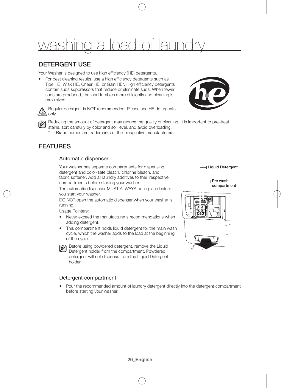 Washing a load of laundry, Detergent use, Features | Samsung WF42H5600AW-A2 User Manual | Page 26 / 132