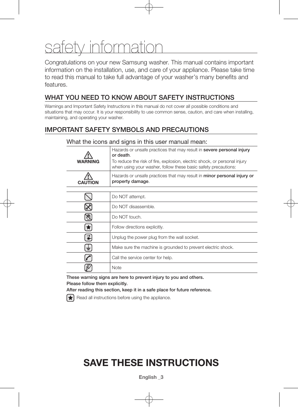 Safety information, Save these instructions, What you need to know about safety instructions | Important safety symbols and precautions | Samsung WF42H5600AW-A2 User Manual | Page 3 / 132