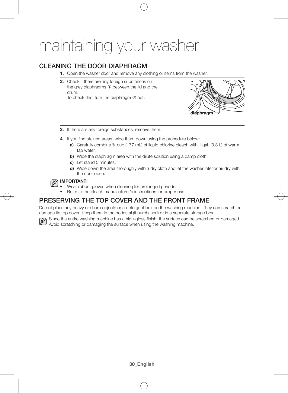 Maintaining your washer, Cleaning the door diaphragm, Preserving the top cover and the front frame | Samsung WF42H5600AW-A2 User Manual | Page 30 / 132