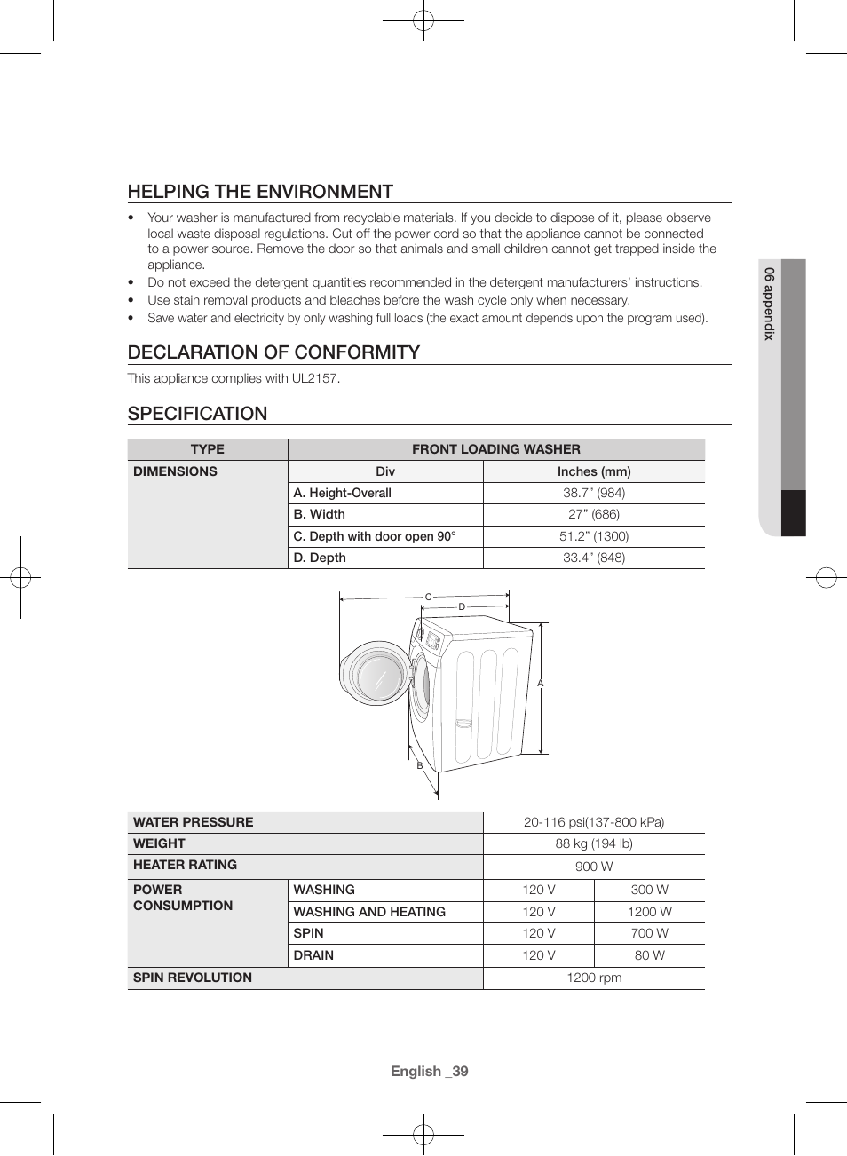 Helping the environment, Declaration of conformity, Specification | Samsung WF42H5600AW-A2 User Manual | Page 39 / 132