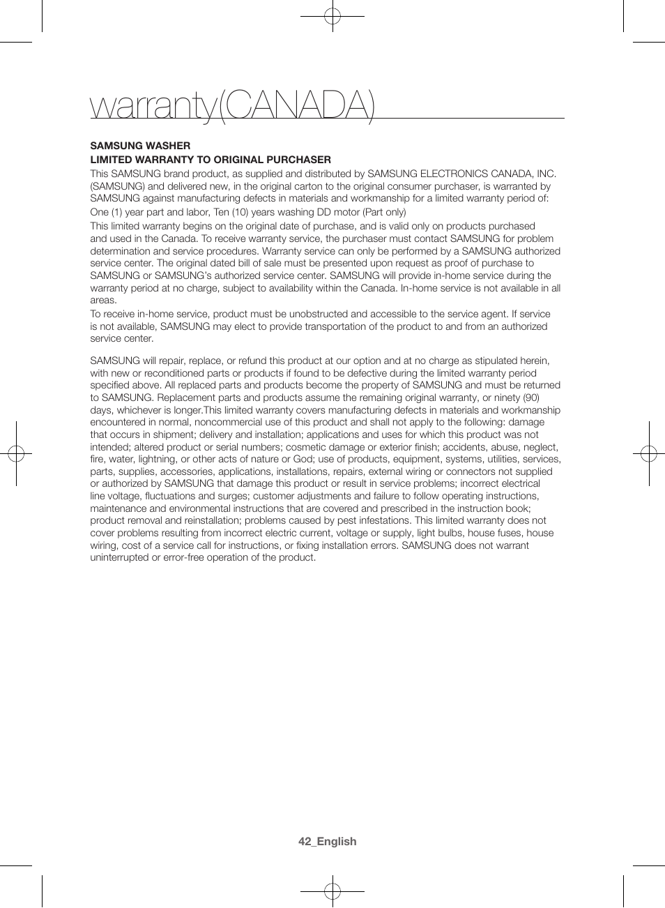 Warranty(canada) | Samsung WF42H5600AW-A2 User Manual | Page 42 / 132