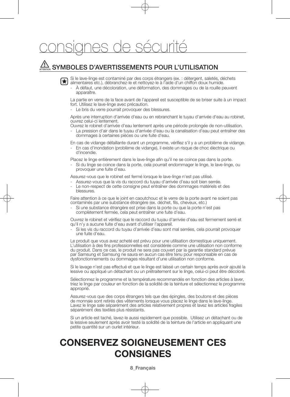 Consignes de sécurité, Conservez soigneusement ces consignes, Symboles d’avertissements pour l’utilisation | Samsung WF42H5600AW-A2 User Manual | Page 52 / 132