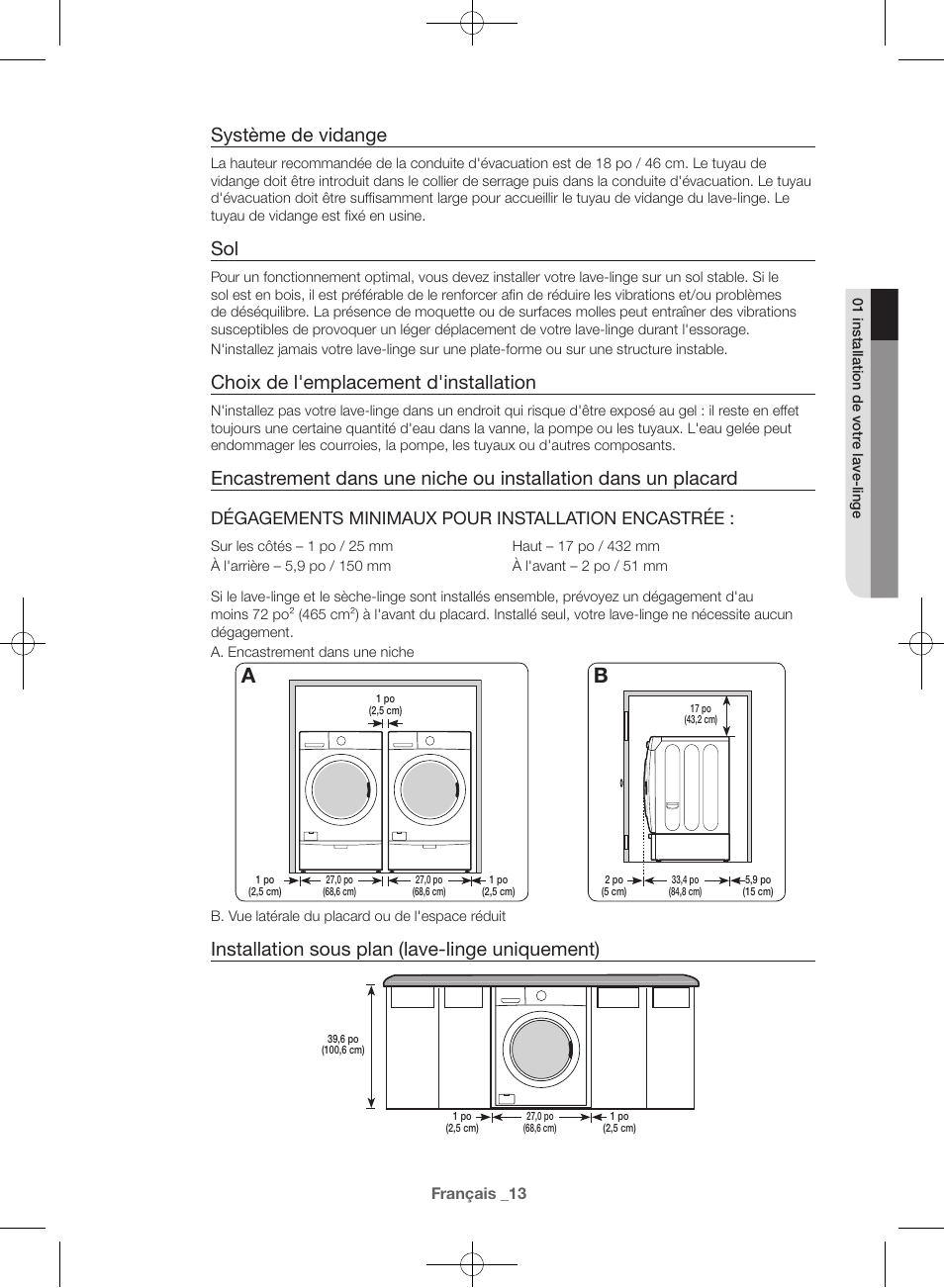 Système de vidange, Choix de l'emplacement d'installation, Installation sous plan (lave-linge uniquement) | Dégagements minimaux pour installation encastrée | Samsung WF42H5600AW-A2 User Manual | Page 57 / 132