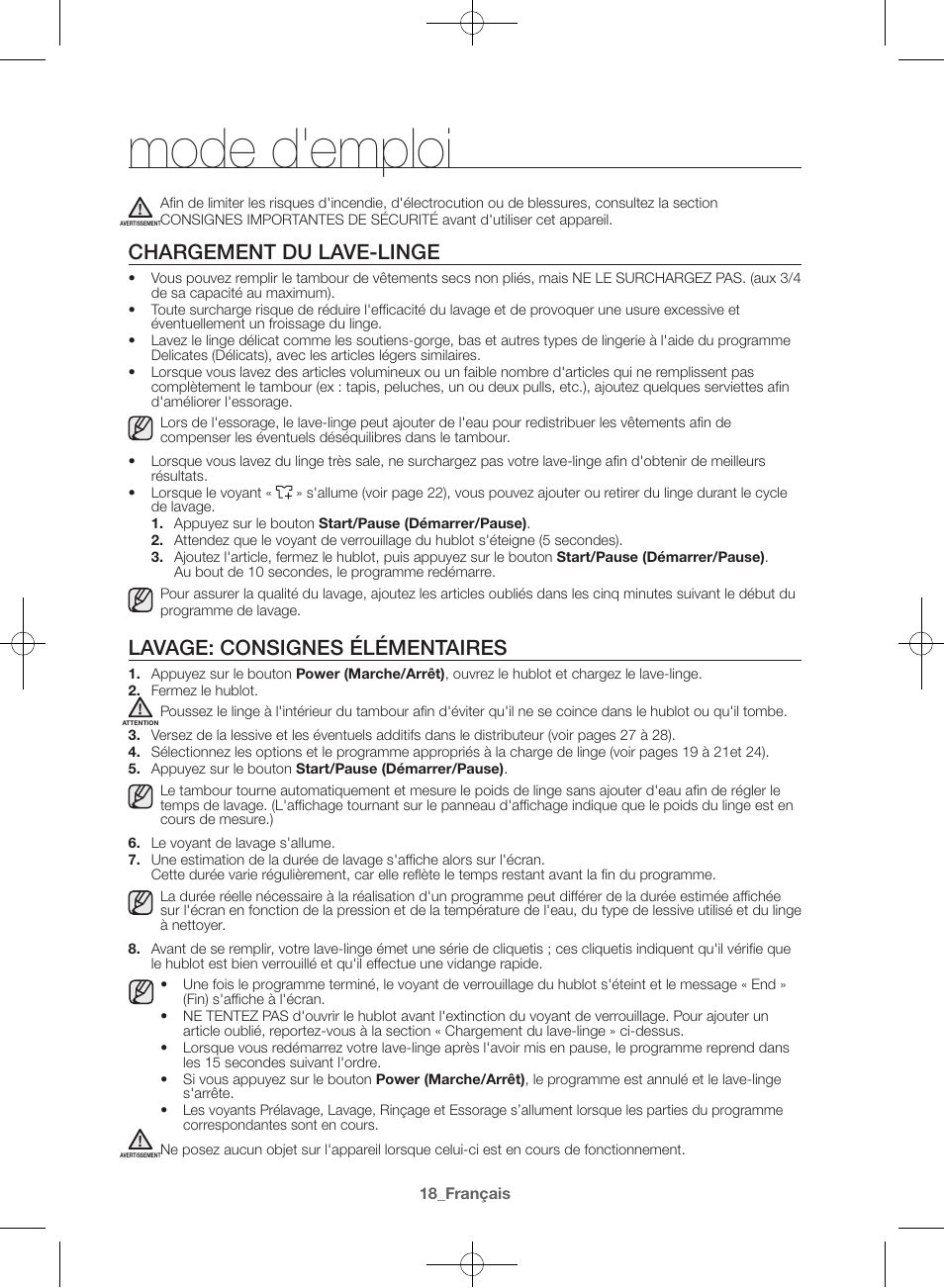 Mode d'emploi, Chargement du lave-linge, Lavage: consignes élémentaires | Samsung WF42H5600AW-A2 User Manual | Page 62 / 132