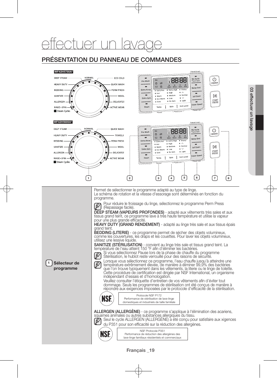 Effectuer un lavage, Présentation du panneau de commandes | Samsung WF42H5600AW-A2 User Manual | Page 63 / 132