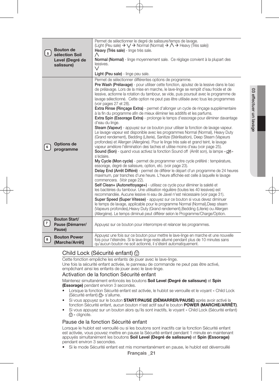 Child lock (sécurité enfant) | Samsung WF42H5600AW-A2 User Manual | Page 65 / 132