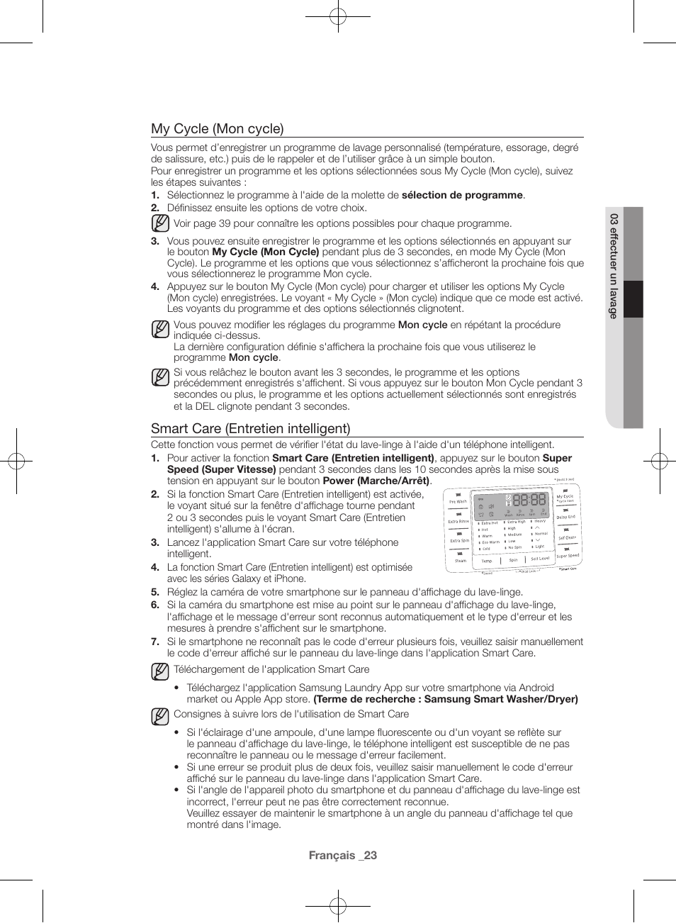 My cycle (mon cycle), Smart care (entretien intelligent) | Samsung WF42H5600AW-A2 User Manual | Page 67 / 132