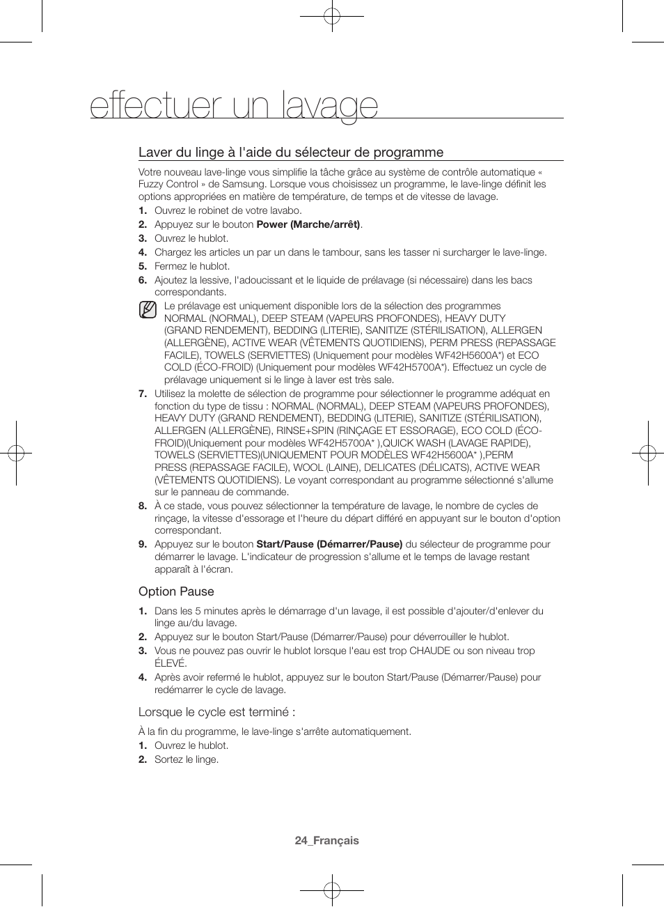 Effectuer un lavage, Laver du linge à l'aide du sélecteur de programme | Samsung WF42H5600AW-A2 User Manual | Page 68 / 132