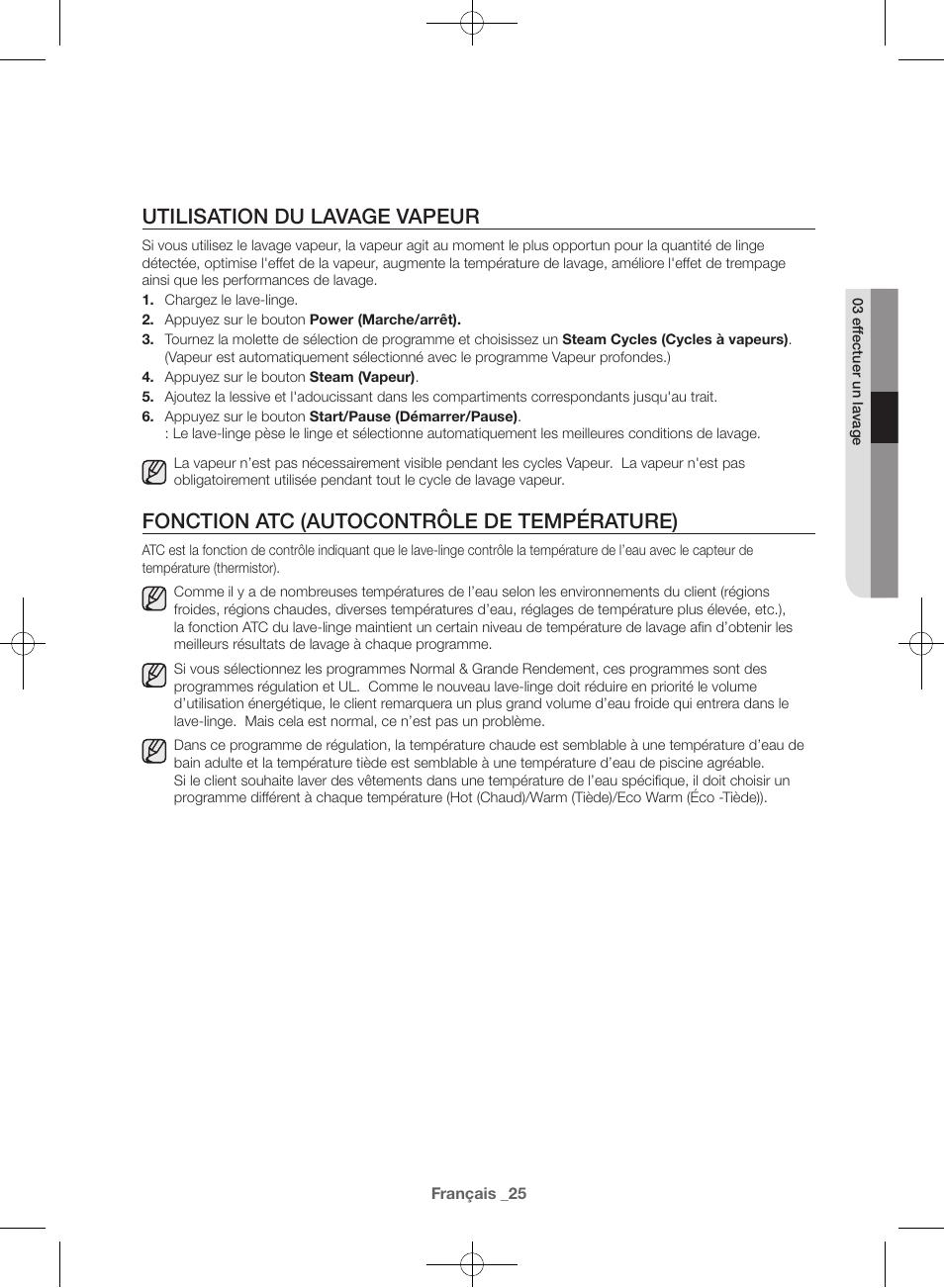 Utilisation du lavage vapeur, Fonction atc (autocontrôle de température) | Samsung WF42H5600AW-A2 User Manual | Page 69 / 132