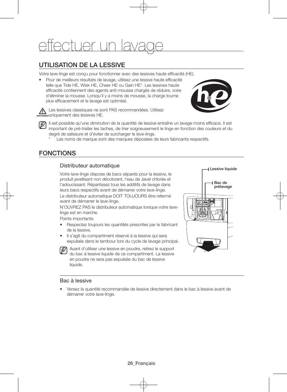 Effectuer un lavage, Utilisation de la lessive, Fonctions | Samsung WF42H5600AW-A2 User Manual | Page 70 / 132