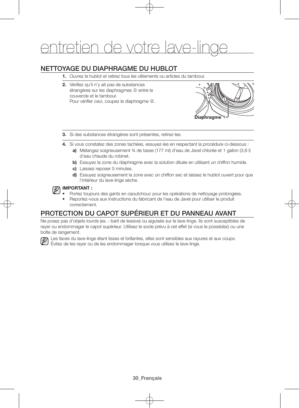 Entretien de votre lave-linge, Nettoyage du diaphragme du hublot, Protection du capot supérieur et du panneau avant | Samsung WF42H5600AW-A2 User Manual | Page 74 / 132