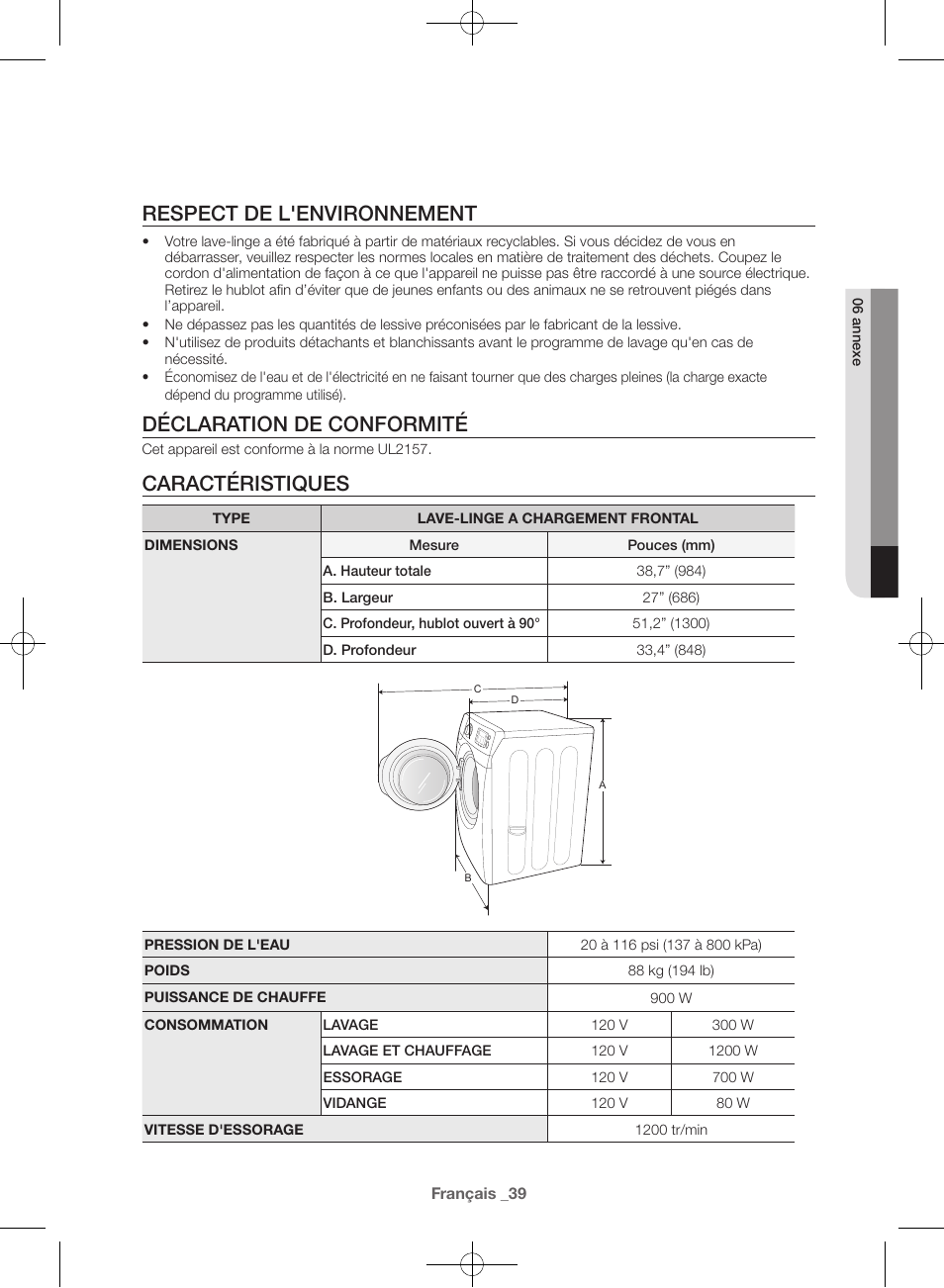 Respect de l'environnement, Déclaration de conformité, Caractéristiques | Samsung WF42H5600AW-A2 User Manual | Page 83 / 132