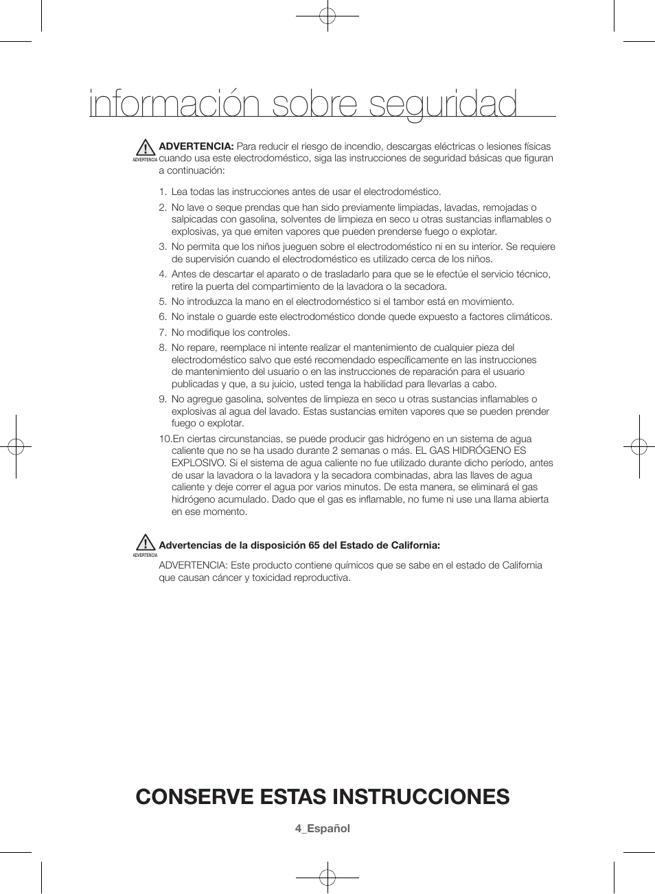 Información sobre seguridad, Conserve estas instrucciones | Samsung WF42H5600AW-A2 User Manual | Page 92 / 132