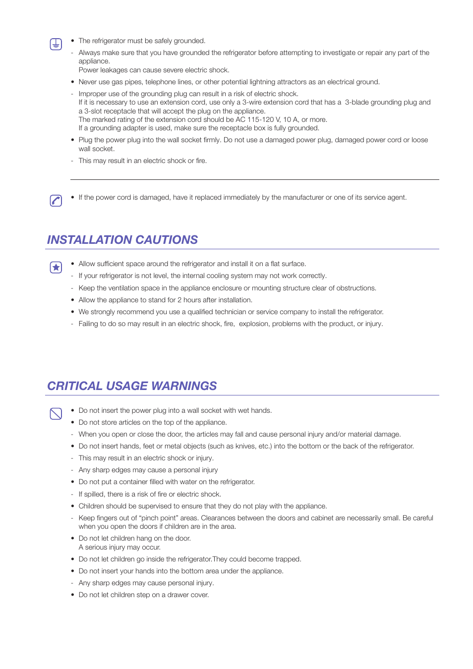 Installation cautions critical usage warnings | Samsung RS25H5000BC-AA User Manual | Page 3 / 12