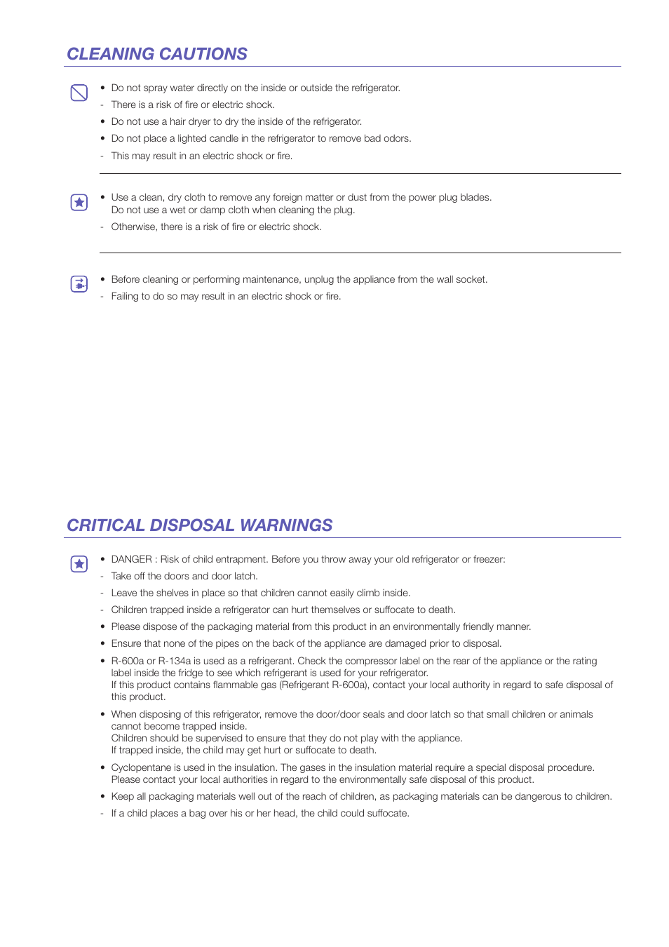 Cleaning cautions critical disposal warnings | Samsung RS25H5000BC-AA User Manual | Page 6 / 12