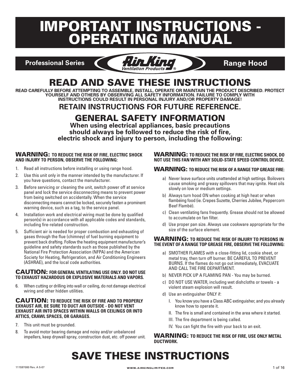 Air King Professional Series 48" models User Manual | 16 pages