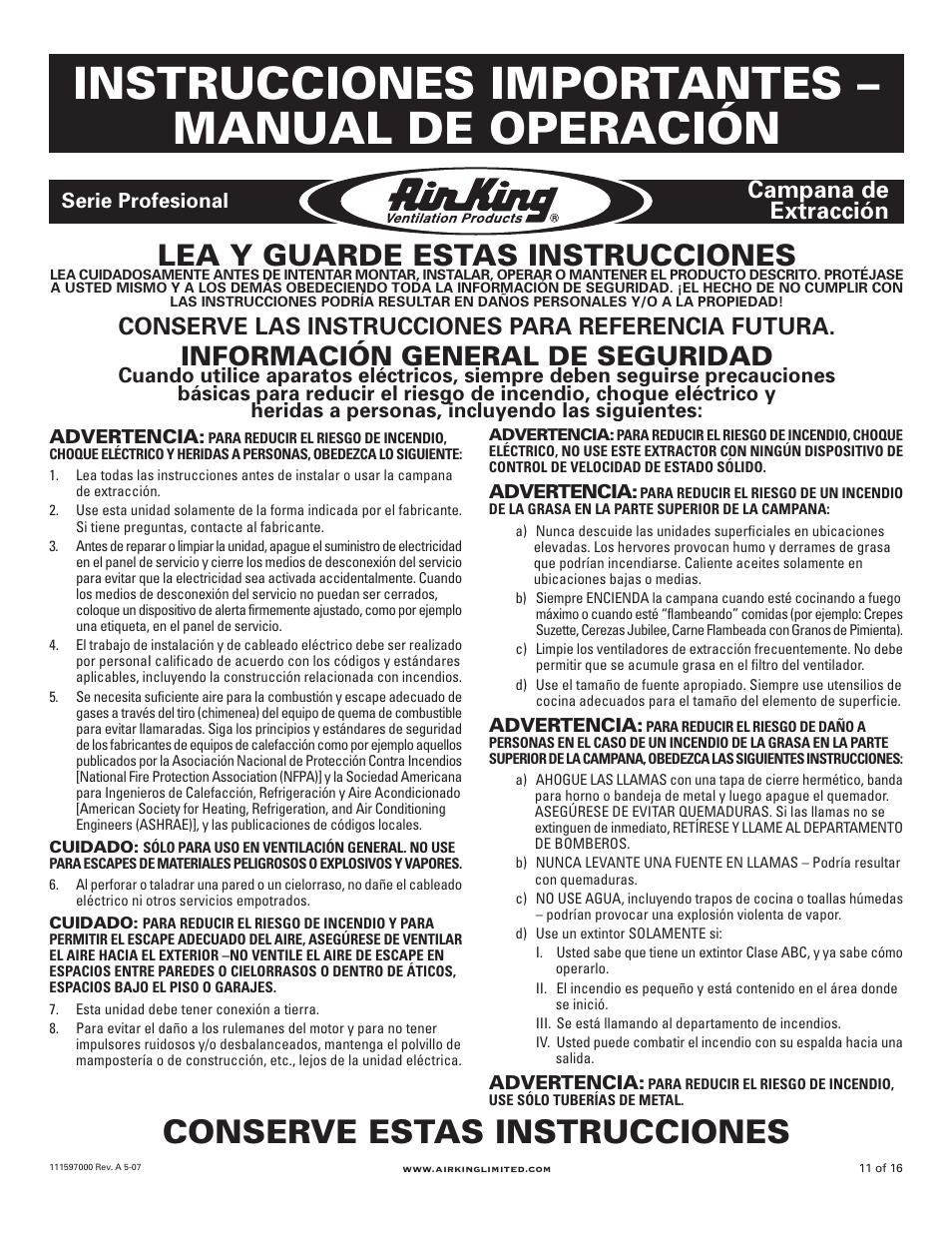 Instrucciones importantes – manual de operación, Conserve estas instrucciones, Lea y guarde estas instrucciones | Información general de seguridad, Conserve las instrucciones para referencia futura, Campana de extracción, Serie profesional | Air King Professional Series 48" models User Manual | Page 11 / 16