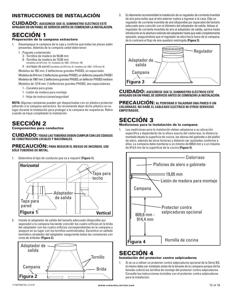 Sección 3, Sección 4, Sección 1 | Sección 2 | Air King Professional Series 48" models User Manual | Page 12 / 16