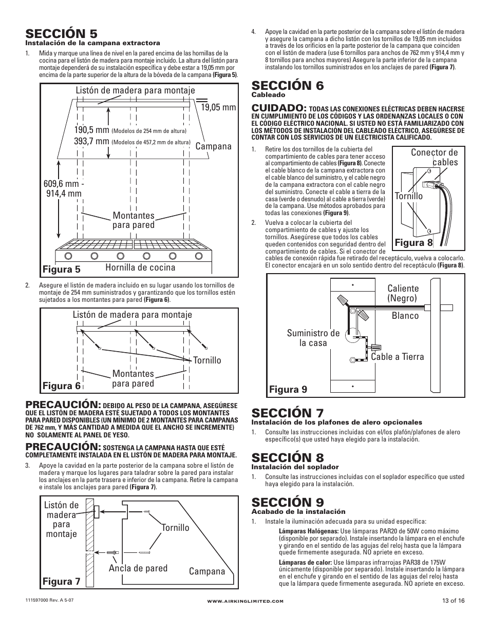 Sección 5, Sección 6, Sección 7 | Sección 8, Sección 9 | Air King Professional Series 48" models User Manual | Page 13 / 16