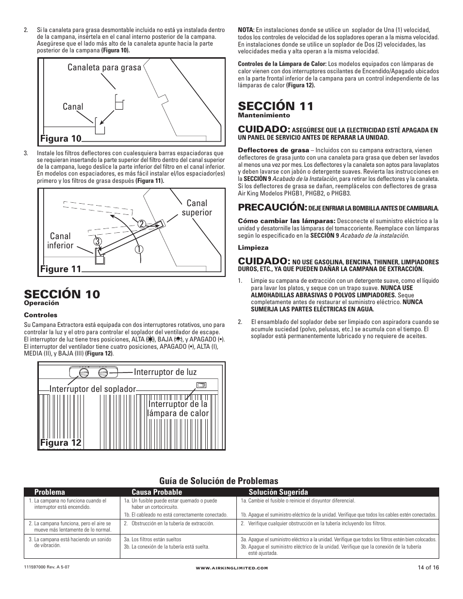 Sección 11, Sección 10, Cuidado | Precaución, Figura 10, Figure 11, Figura 12, Guía de solución de problemas, Canaleta para grasa canal, Canal inferior canal superior 1 2 3 | Air King Professional Series 48" models User Manual | Page 14 / 16