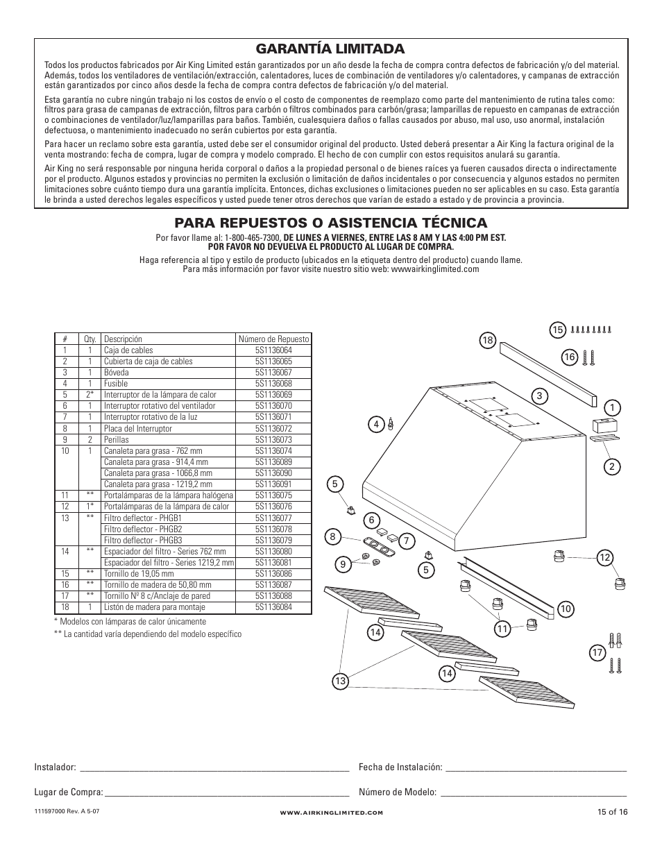 Garantía limitada, Para repuestos o asistencia técnica | Air King Professional Series 48" models User Manual | Page 15 / 16