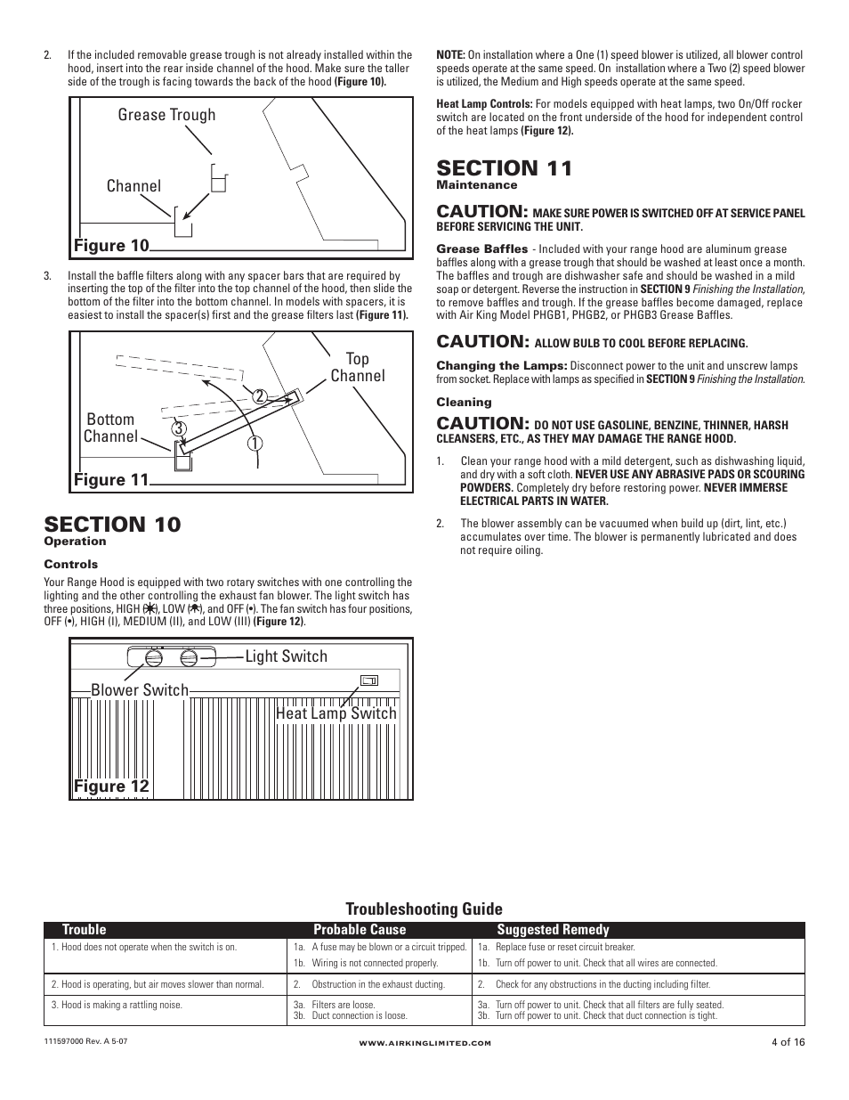 Troubleshooting guide, Caution, Figure 10 | Figure 11, Figure 12, Grease trough channel, Bottom channel top channel 1 2 3, Light switch blower switch heat lamp switch | Air King Professional Series 48" models User Manual | Page 4 / 16