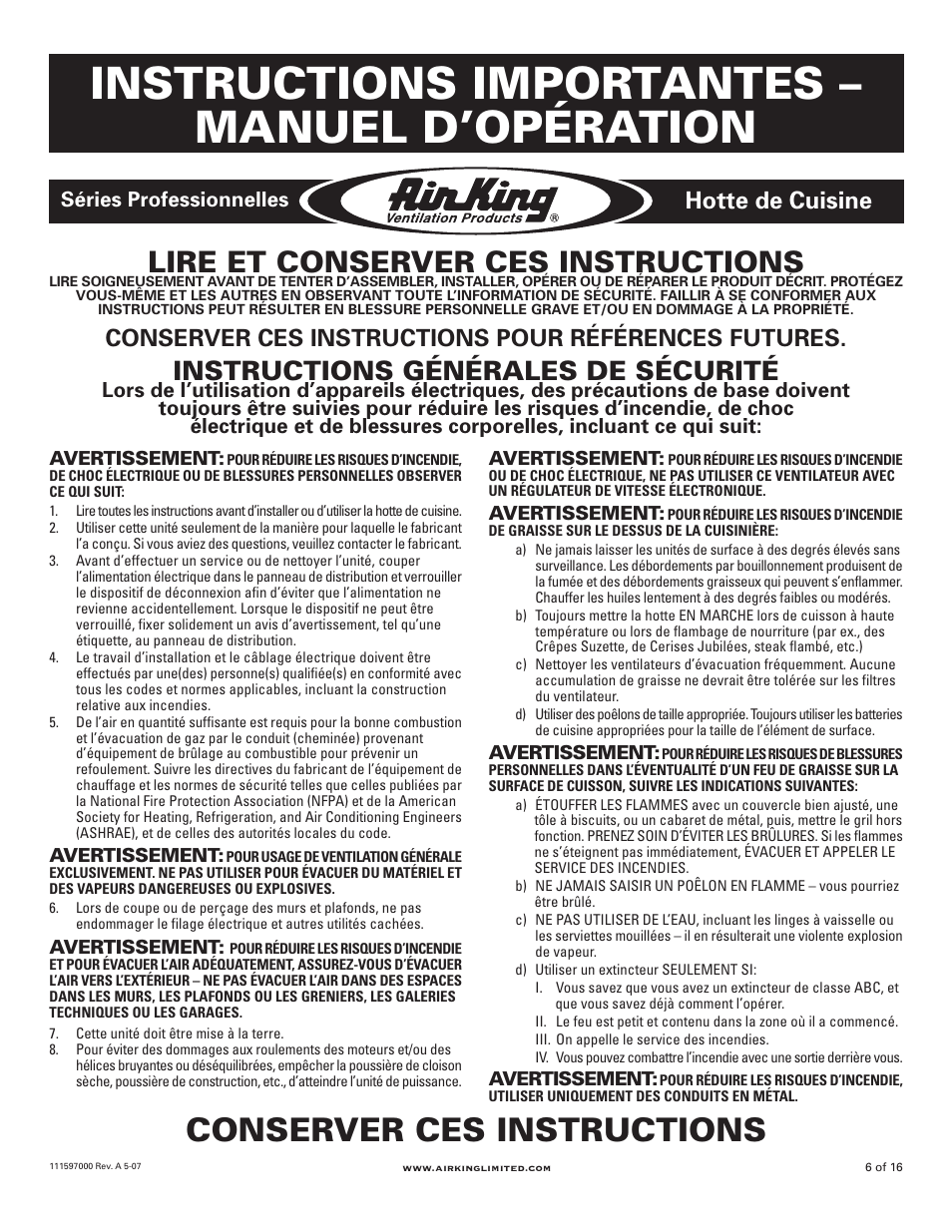 Instructions importantes – manuel d’opération, Conserver ces instructions, Lire et conserver ces instructions | Instructions générales de sécurité, Conserver ces instructions pour références futures, Hotte de cuisine, Séries professionnelles | Air King Professional Series 48" models User Manual | Page 6 / 16