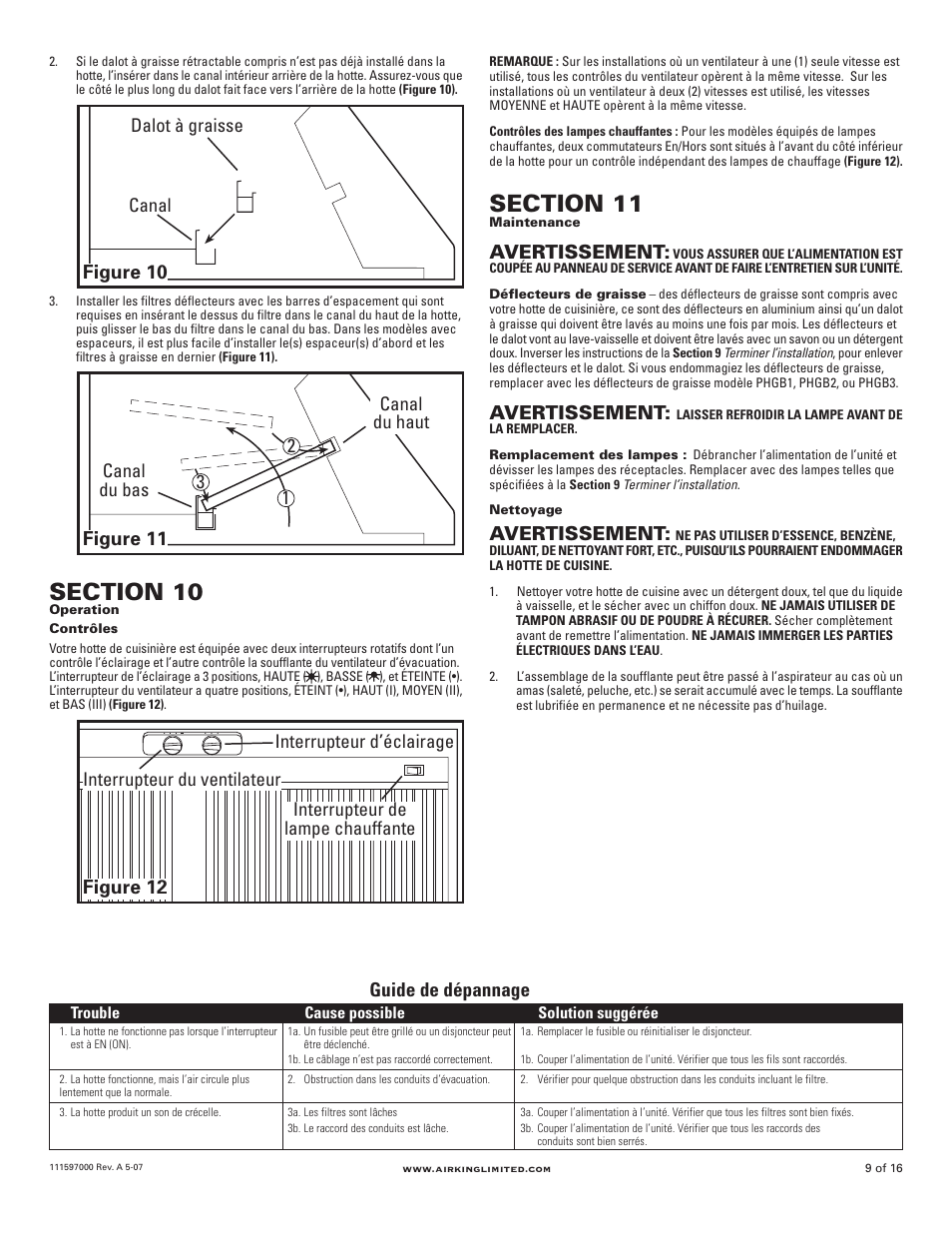Avertissement, Figure 10, Figure 11 | Figure 12, Guide de dépannage, Dalot à graisse canal, Canal du bas canal du haut 1 2 3 | Air King Professional Series 48" models User Manual | Page 9 / 16