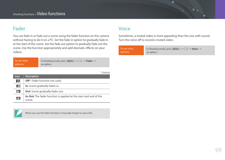 Fader, Voice, Fader voice | Video functions | Samsung EV-NX3000BOIUS User Manual | Page 100 / 186