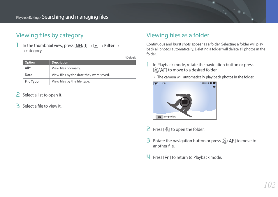 Viewing files by category, Viewing files as a folder, Searching and managing files | Samsung EV-NX3000BOIUS User Manual | Page 103 / 186