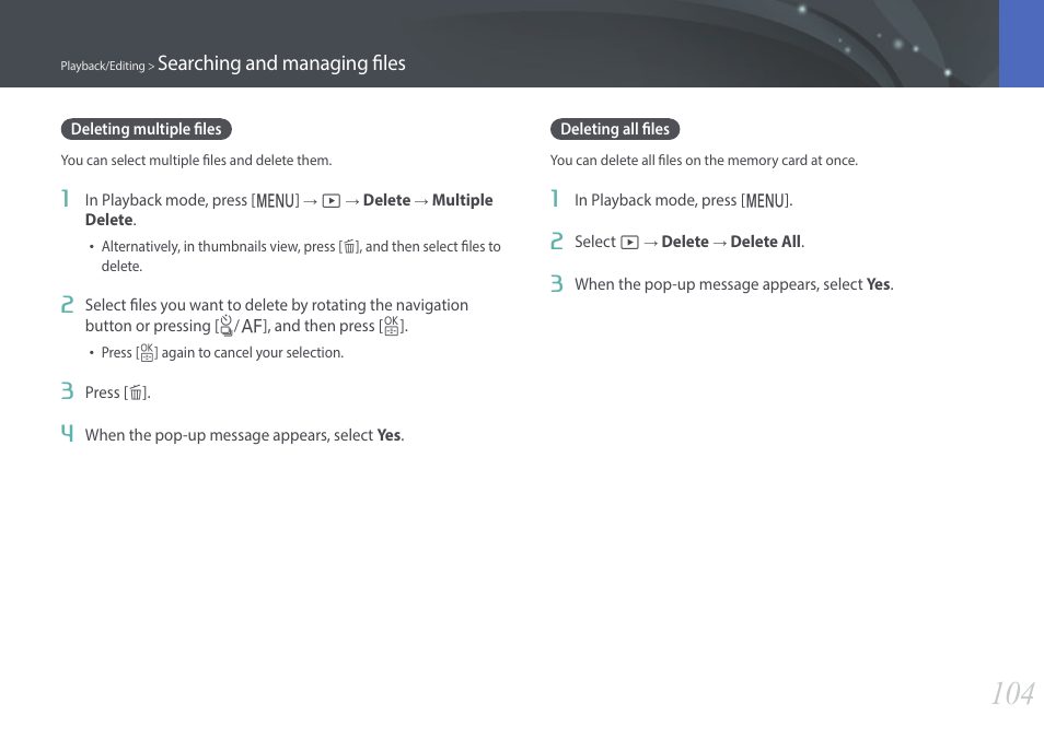 Deleting multiple files, Deleting all files, Deleting multiple files deleting all files | Samsung EV-NX3000BOIUS User Manual | Page 105 / 186
